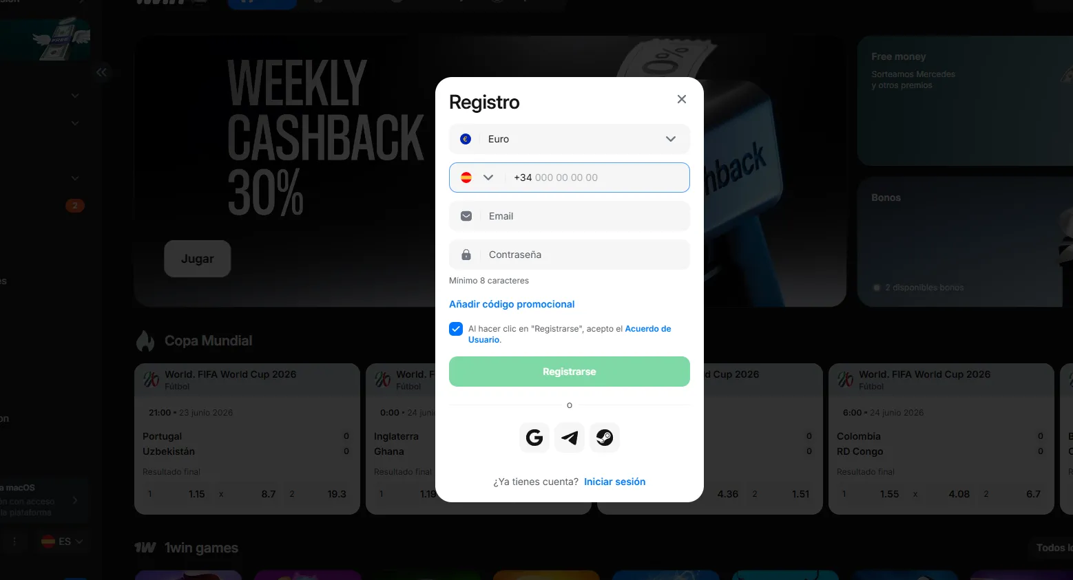 Datos necesarios para registrarse – 1Win login