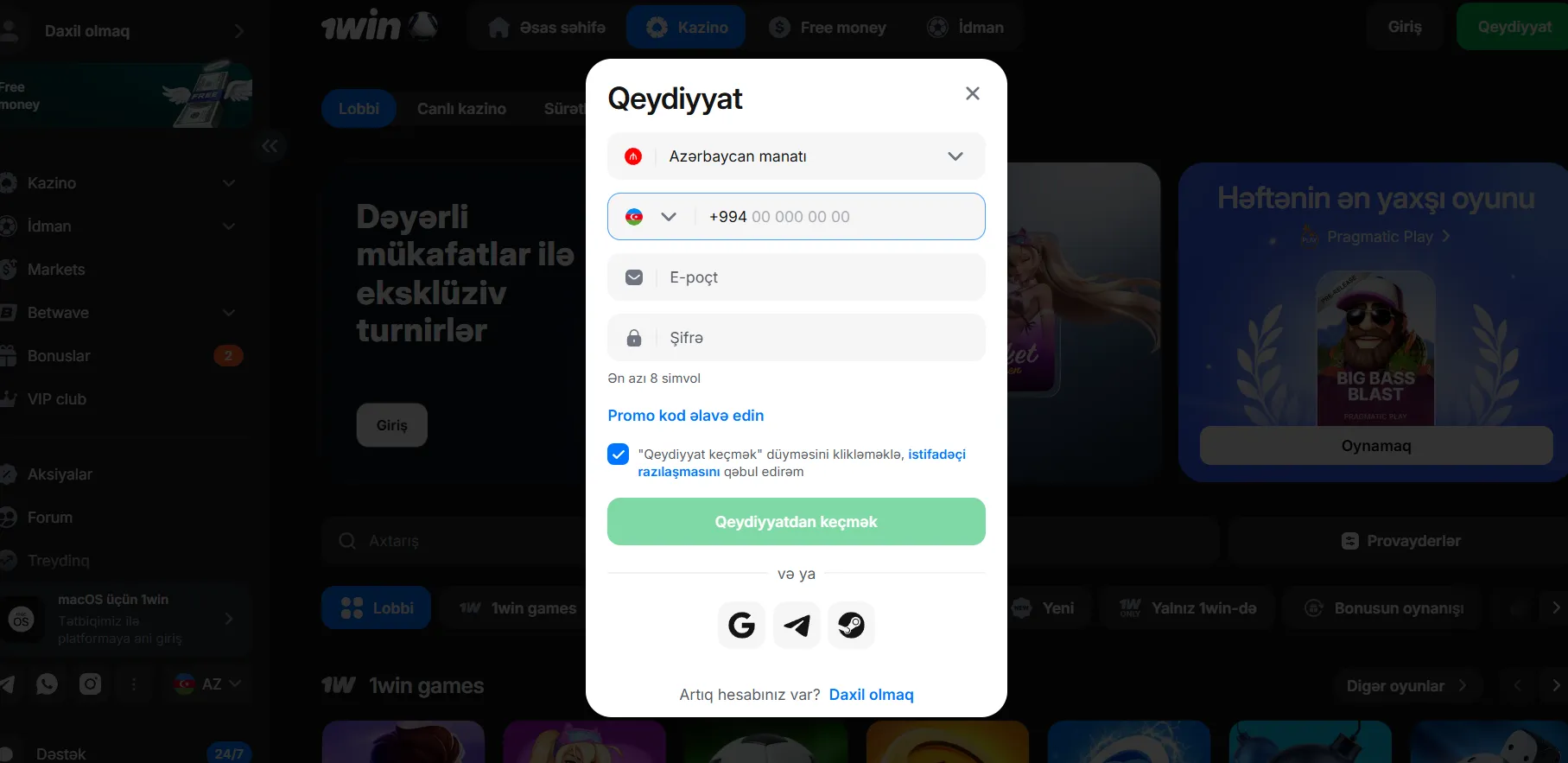 Qeydiyyat üçün tələb olunan məlumatlar – 1Win login