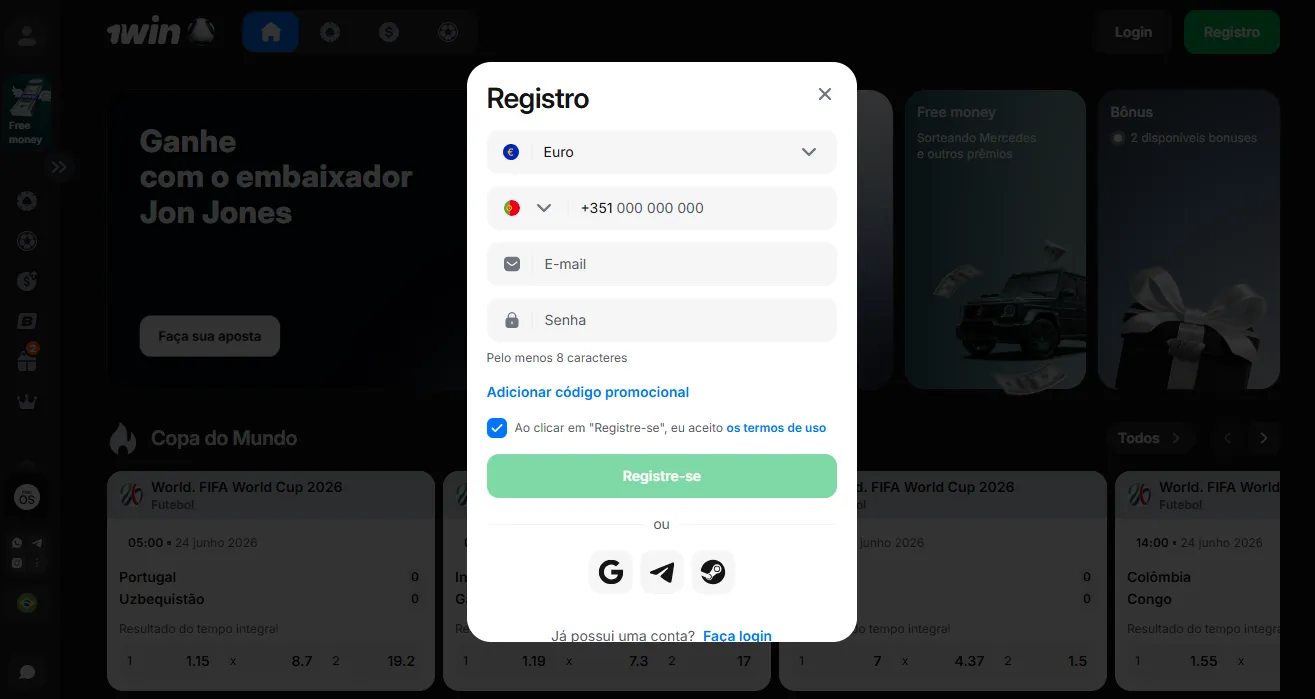 1Win register — dados necessários para a inscrição