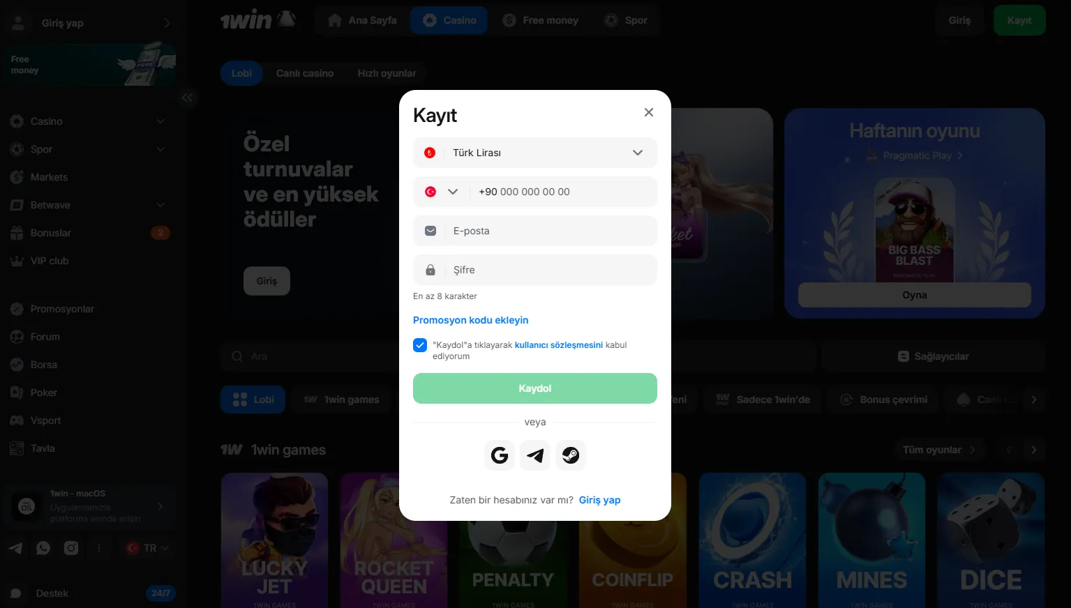 Kayıt için gerekli bilgiler - 1Win login