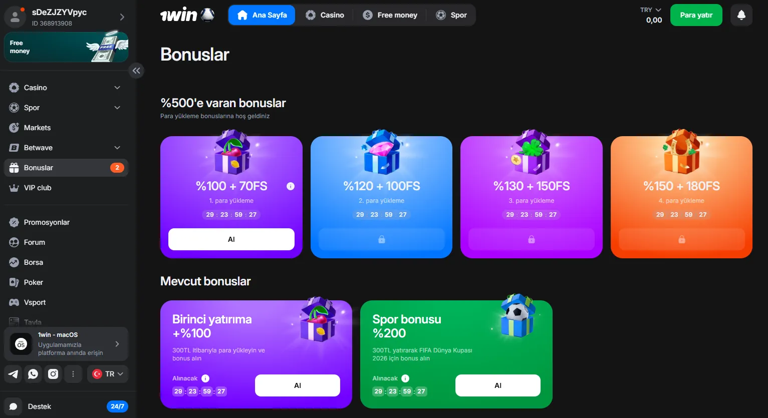 1Win login ve 1Win slot login özellikleri